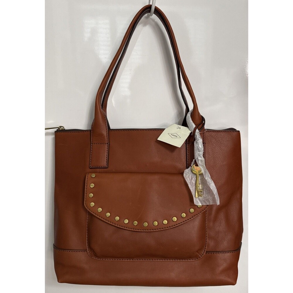 Fossil Vintage Classic Shopper Brandy Brown Leather Tote Pockets Lined Bag NWT
